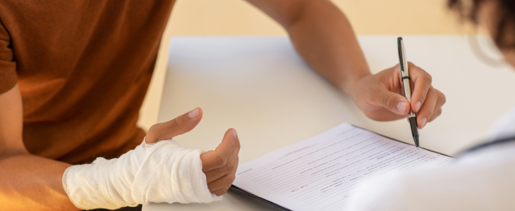 Person with a bandaged hand sitting at a table while a professional fills out a form in North Dakota, related to personal injury attorney