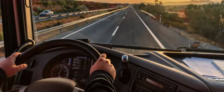 Commercial truck driver in truck on the long road